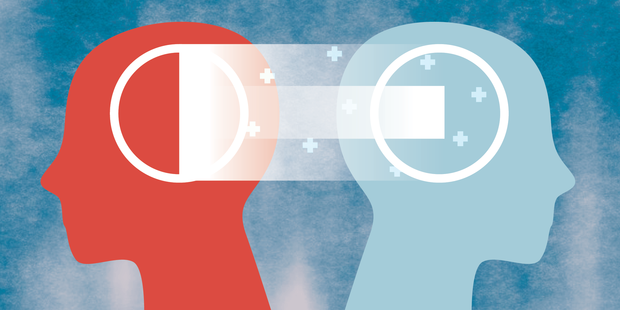 Illustration of two silhouetted heads connecting (representative of telecebo, or the exteriorization of the intentions, thoughts, or emotions of a clinician toward a patient)